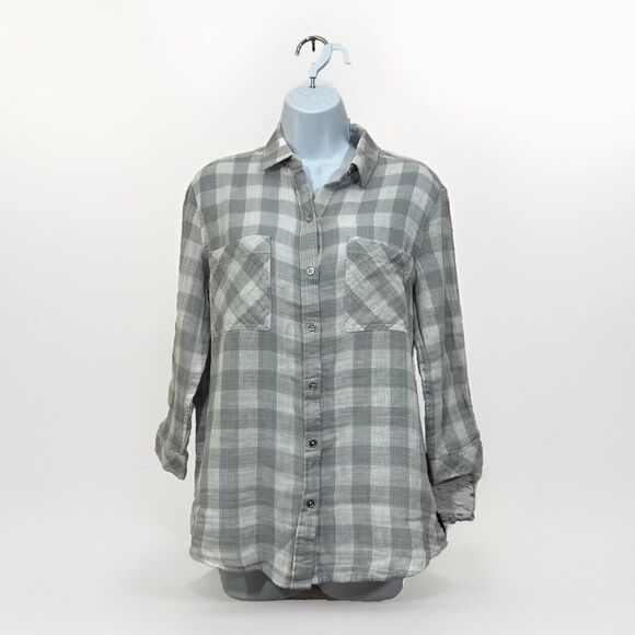 Seven7 Shirt XS Gray White Womens Checkered Collared Button Up Casual 3/4 I - Picture 1 of 16